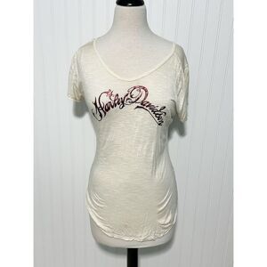 Harley Davidson Women's Love To Role Heart Crown Print T Shirt Beige Size Small